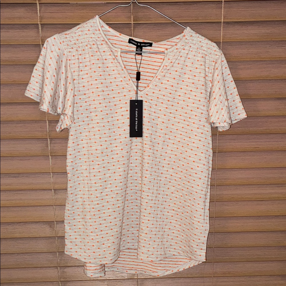Cable & Gauge Cream Short Sleeve Top with Coral Dot Print